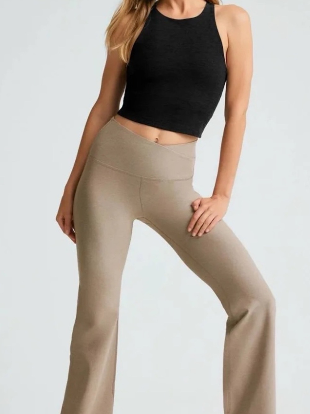 Beyond Yoga Spacedye Crossover Waist Flare Leggings Pants Tan Size Large